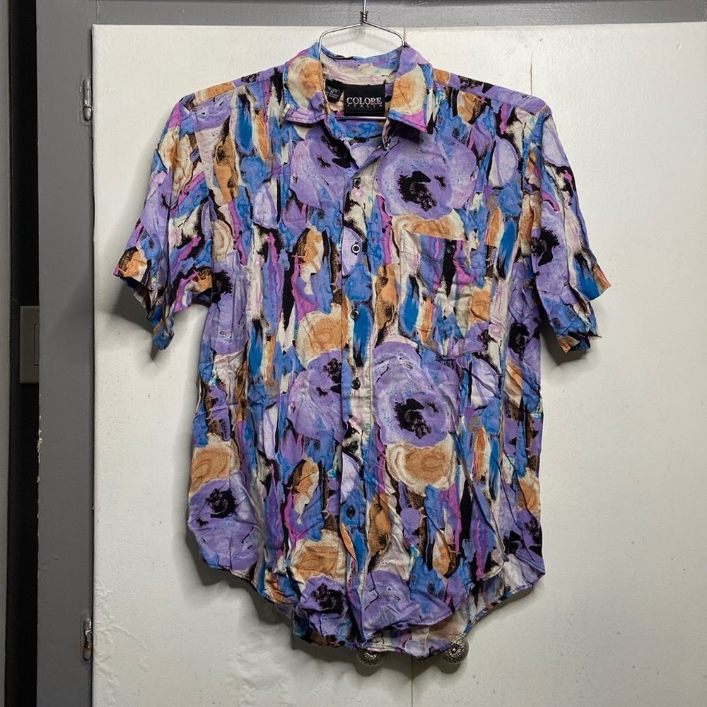 vintage colore italia men short sleeve button up shirt M artsy watercolor 90s